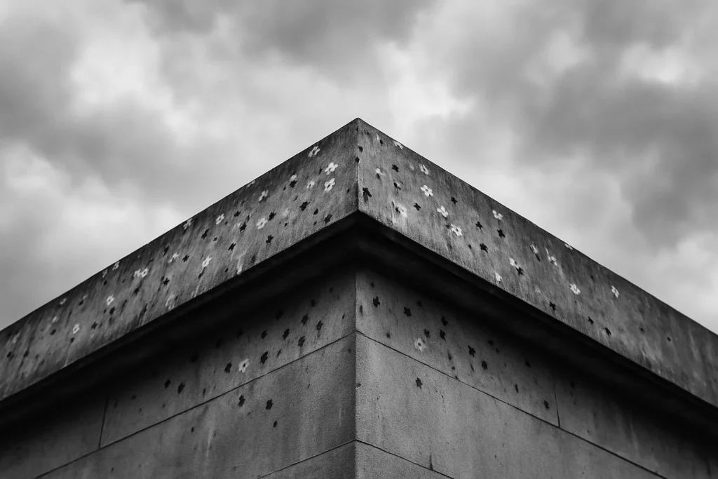 Toit d'immeuble couvert de fientes de pigeons en noir et blanc