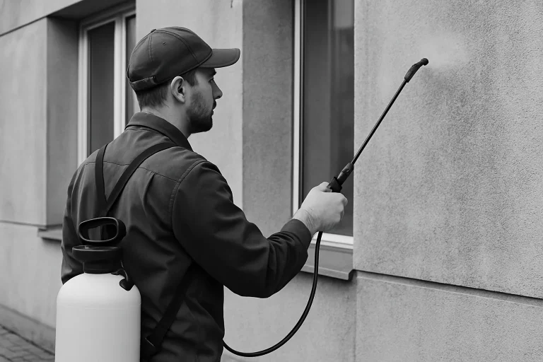 Technicien nettoyant une façade d'immeuble avec un pulvérisateur, vue en noir et blanc.