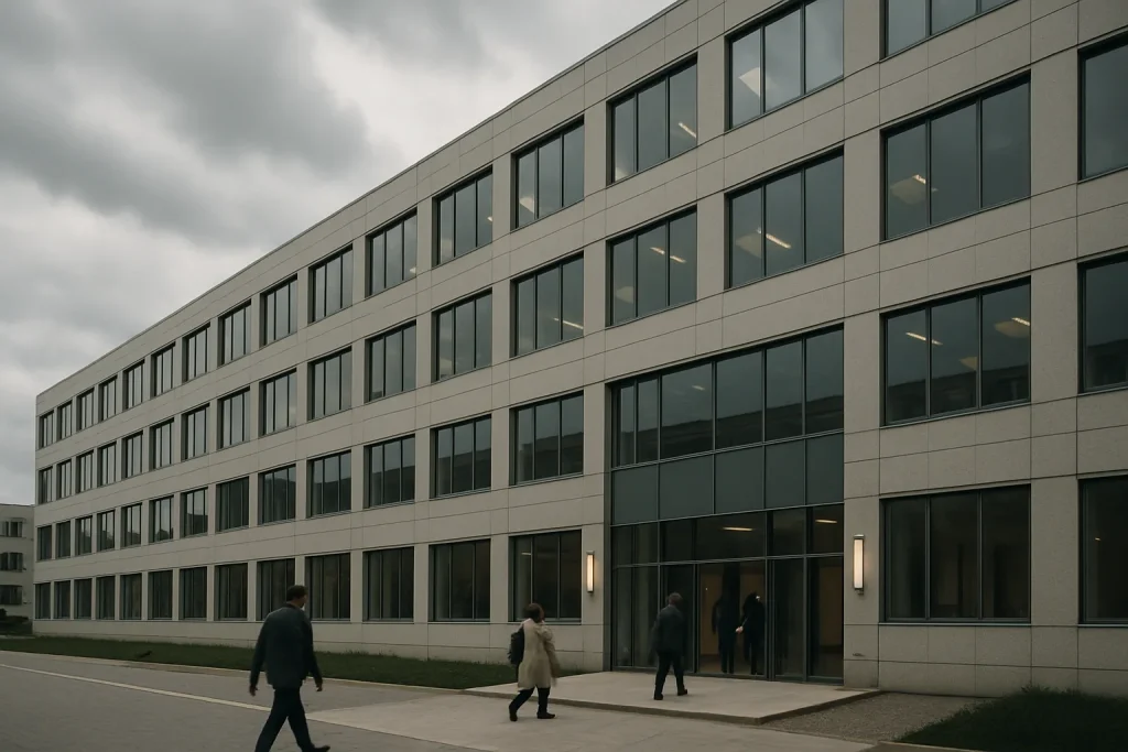 Bâtiment administratif moderne avec des personnes entrant et sortant, ciel nuageux
