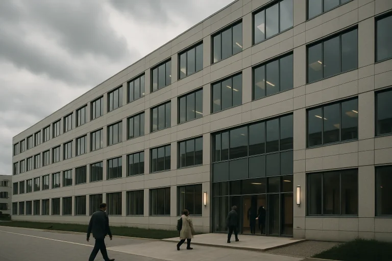 Bâtiment administratif moderne avec des personnes entrant et sortant, ciel nuageux