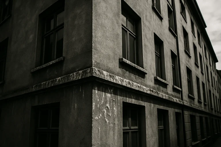 Immeuble résidentiel avec fientes de pigeons sur les rebords de fenêtres, en noir et blanc