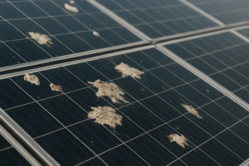 Panneaux solaires avec des taches de fientes de pigeons, vue latérale