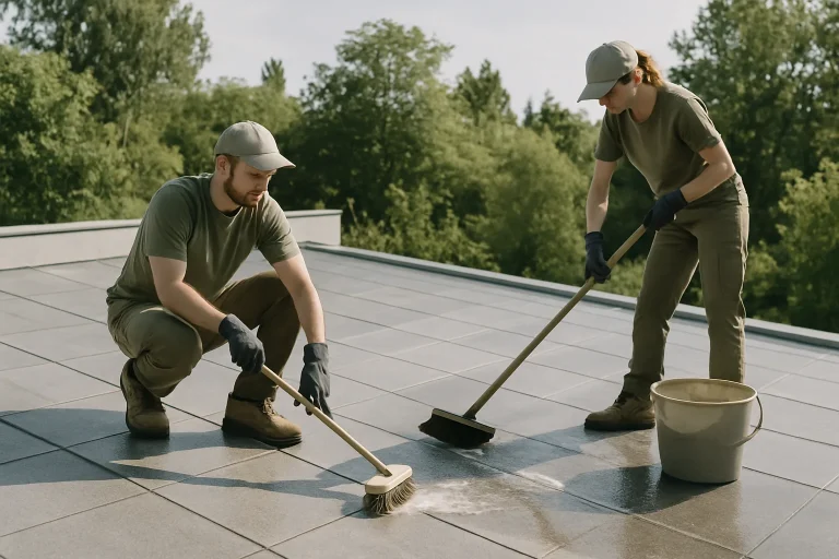 Techniciens nettoyant écologiquement des fientes de pigeons sur un toit avec des outils manuels.