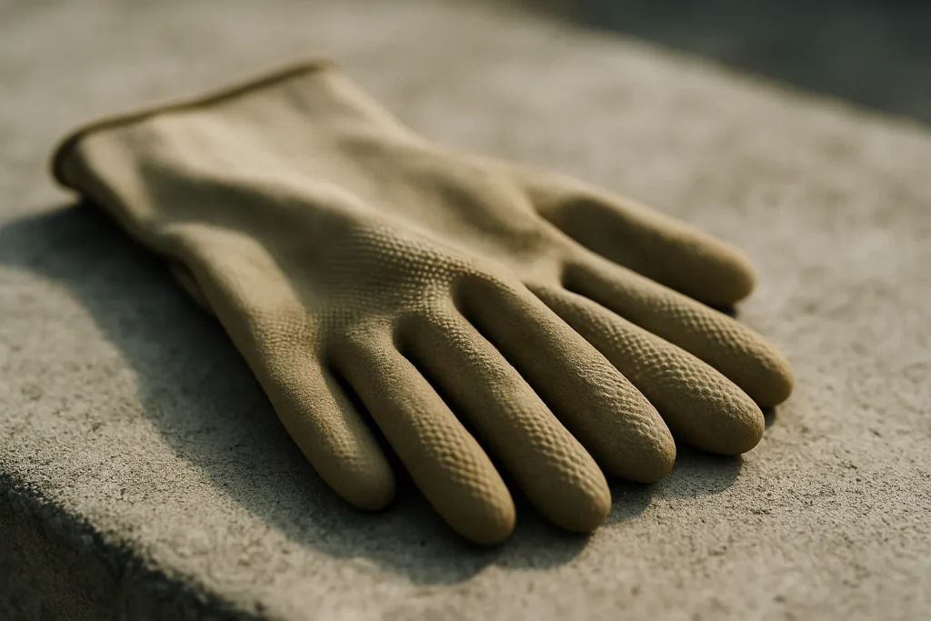 Gants de protection en caoutchouc sur une surface en béton, lumière naturelle