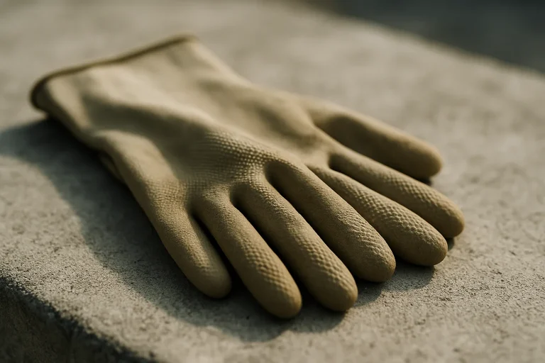 Gants de protection en caoutchouc sur une surface en béton, lumière naturelle