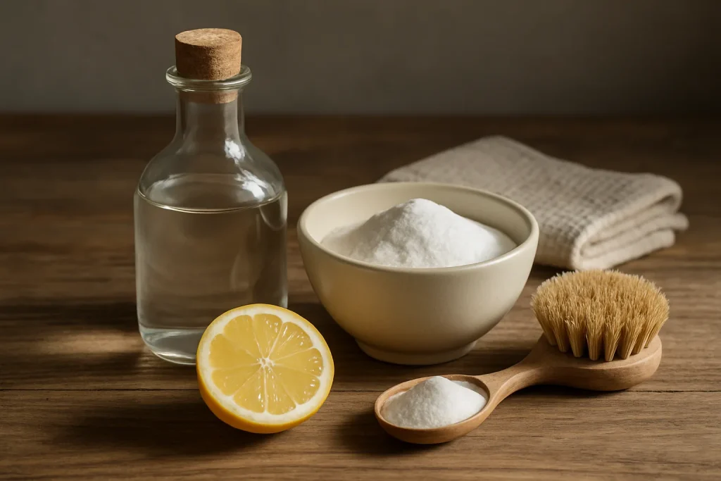 Produits de nettoyage naturels comme le vinaigre et le bicarbonate sur une table en bois