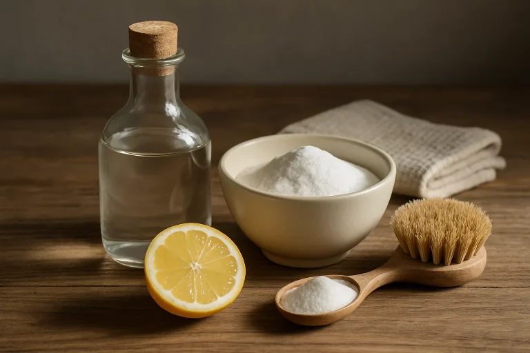 Produits de nettoyage naturels comme le vinaigre et le bicarbonate sur une table en bois