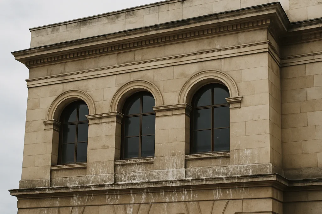Fientes de pigeons sur la façade d'un monument historique en plein jour.
