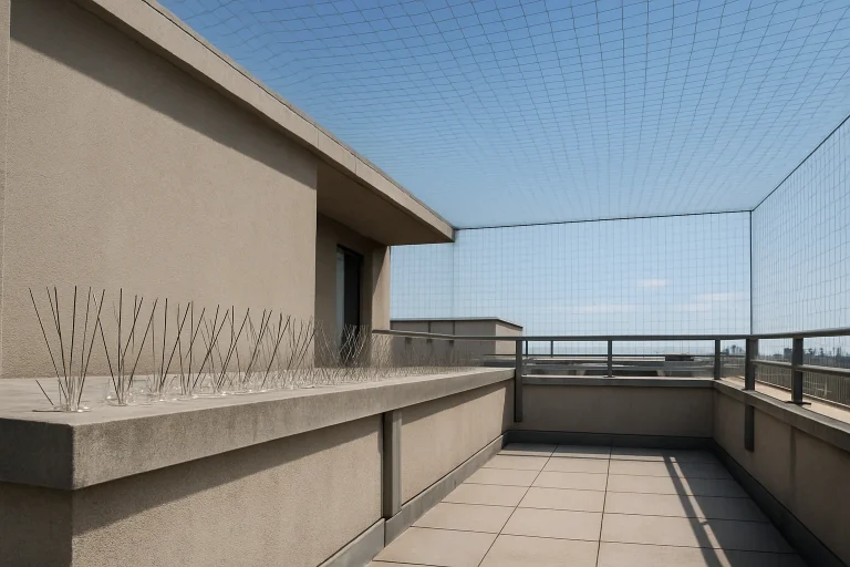 Terrasse équipée de dispositifs anti-pigeons sous un ciel dégagé