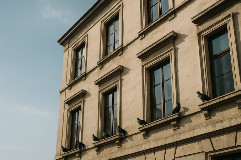 Vue extérieure d'un bâtiment avec des pigeons perchés sur les rebords de fenêtres sous un ciel bleu.