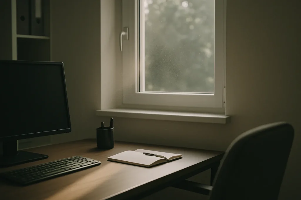Intérieur de bureau avec fenêtre ouverte et particules de poussière dans l'air.