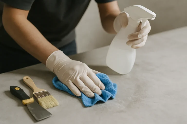Mains gantées utilisant un produit professionnel pour nettoyer des fientes de pigeons sur une surface en béton.