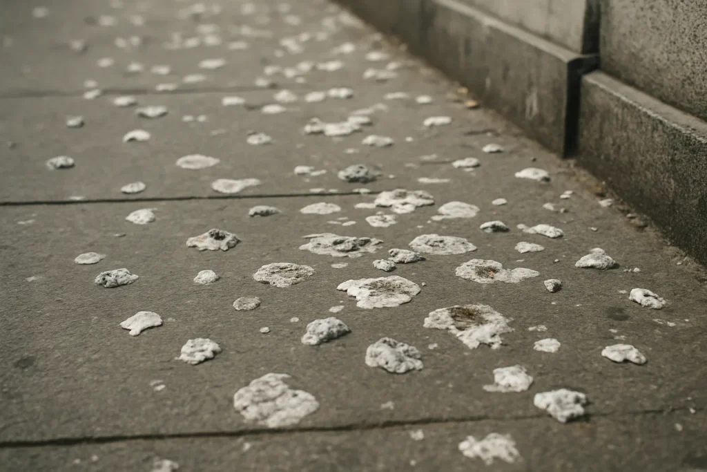 Gros plan sur des fientes de pigeons sur un trottoir, en ville.