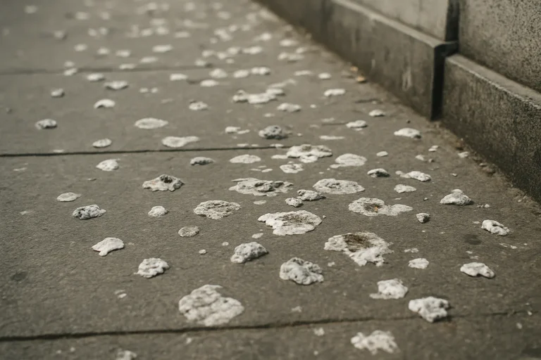 Gros plan sur des fientes de pigeons sur un trottoir, en ville.