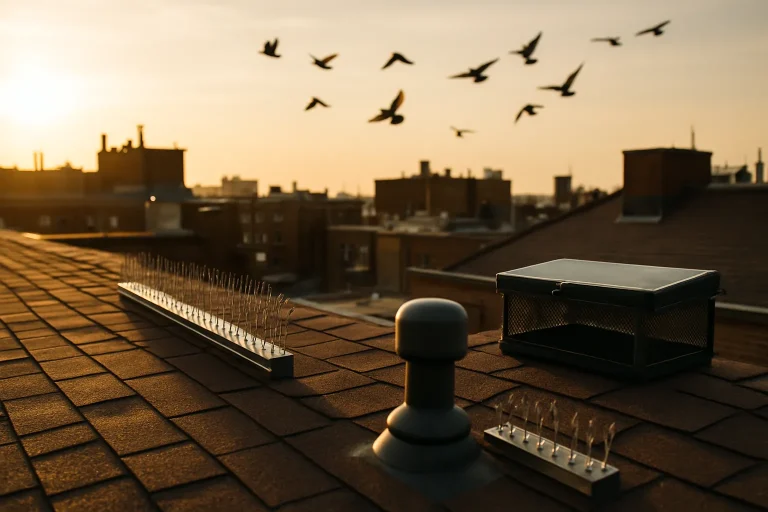 Toit urbain avec dispositifs anti-pigeons modernes, pigeons en vol
