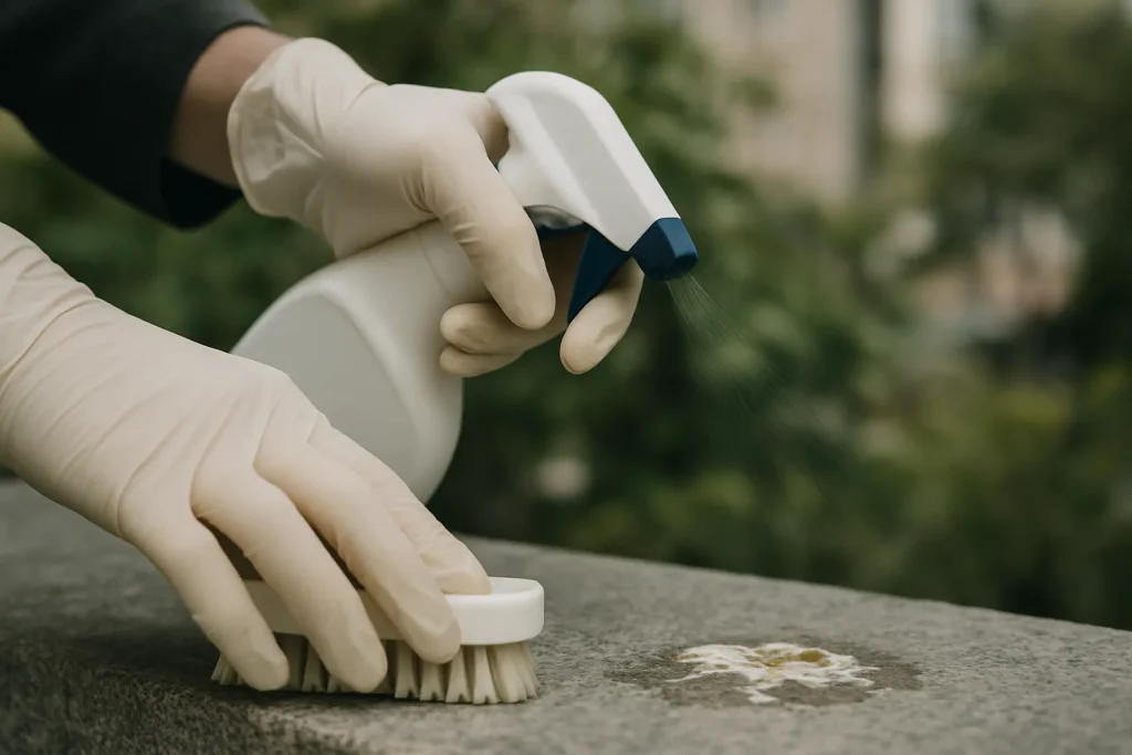 Mains gantées appliquant un produit anti-fiente sur une surface en pierre.