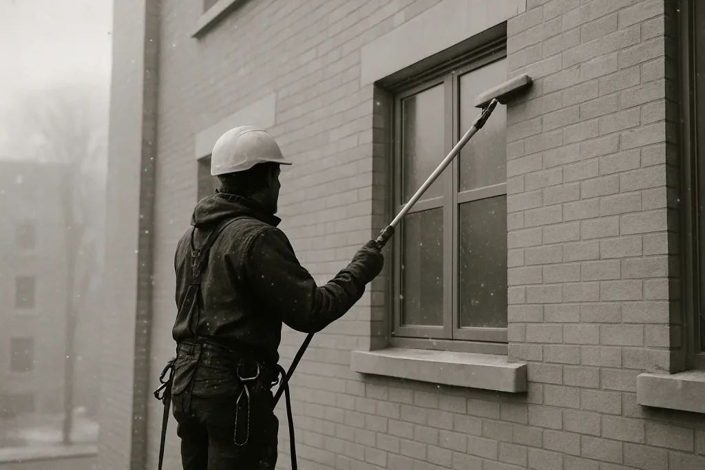 Technicien en hiver nettoyant une façade d'immeuble, flocons de neige visibles.