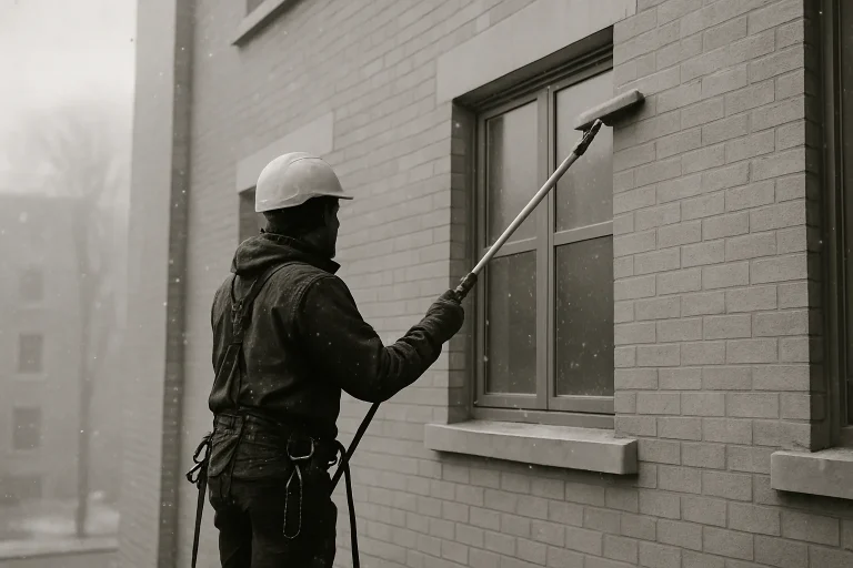 Technicien en hiver nettoyant une façade d'immeuble, flocons de neige visibles.