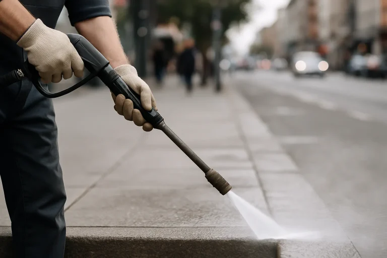 Mains utilisant un nettoyeur haute pression sur un trottoir, rue animée en arrière-plan.