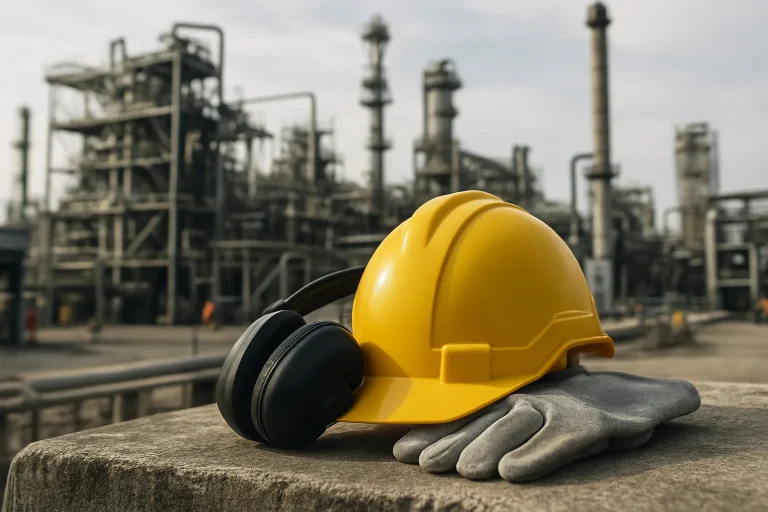 Professionnels en équipement de protection sur un site industriel, arrière-plan flou
