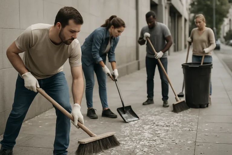 Plusieurs personnes nettoyant ensemble un trottoir urbain couvert de fientes de pigeons