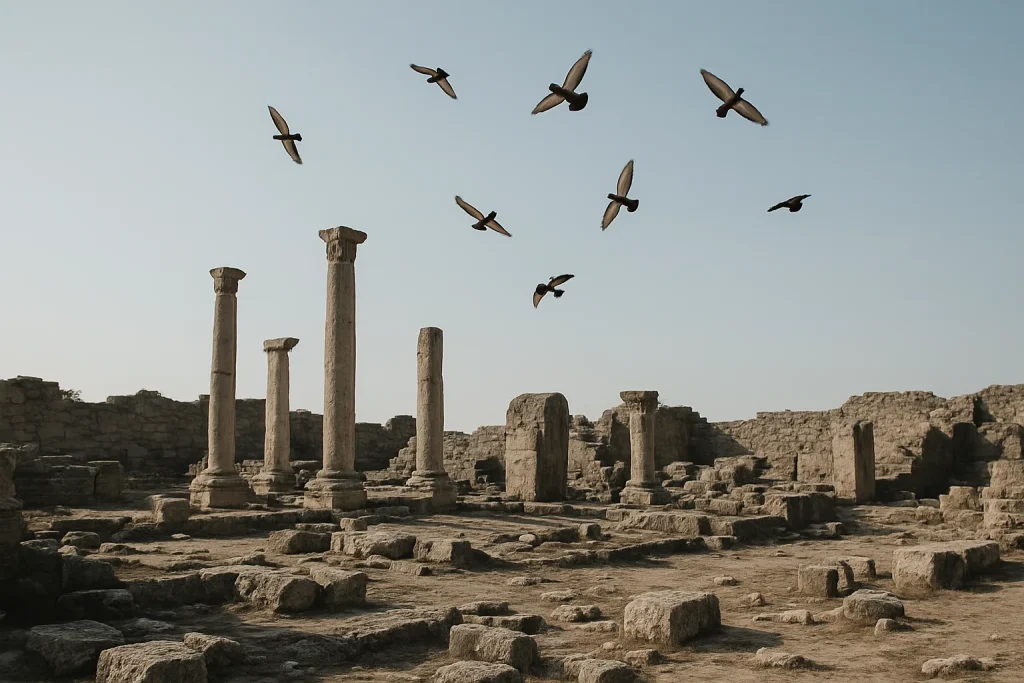 Vue d'un site archéologique avec des pigeons volant au-dessus sous un ciel clair