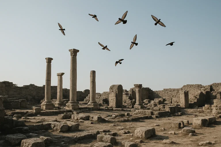 Vue d'un site archéologique avec des pigeons volant au-dessus sous un ciel clair