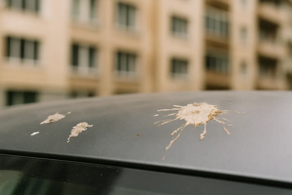 Fientes de pigeons sur la carrosserie d'une voiture, arrière-plan d'immeuble flou.