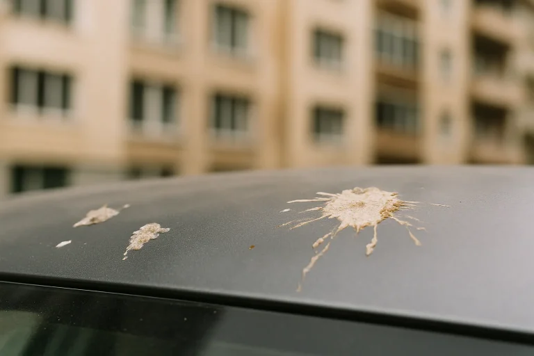 Fientes de pigeons sur la carrosserie d'une voiture, arrière-plan d'immeuble flou.
