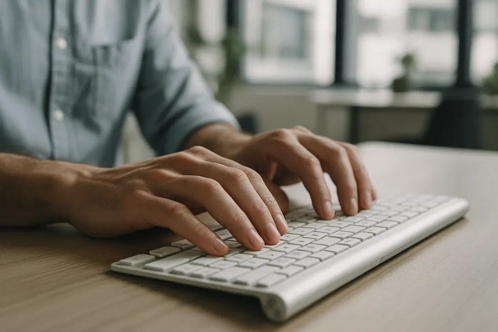 Mains tapant sur un clavier d'ordinateur pour rédiger un rapport, bureau moderne en arrière-plan