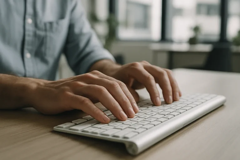 Mains tapant sur un clavier d'ordinateur pour rédiger un rapport, bureau moderne en arrière-plan