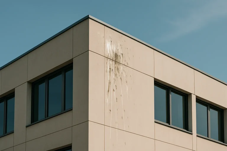 Fientes de pigeons visibles sur la façade d'un bâtiment moderne sous un ciel bleu