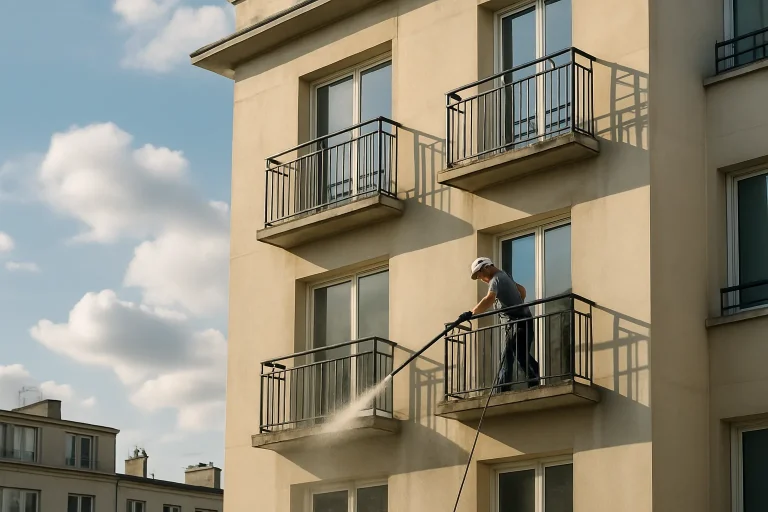 Technicien nettoyant une façade d'immeuble avec un pulvérisateur à haute pression.