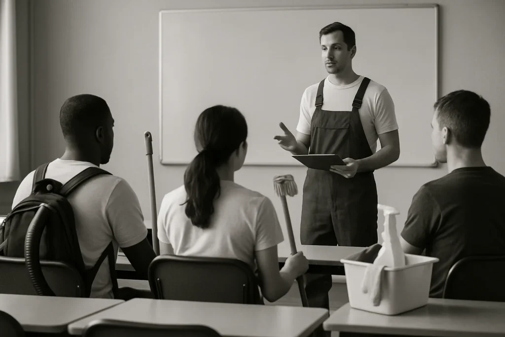 Salle de formation avec étudiants en équipement de nettoyage, tableau blanc visible