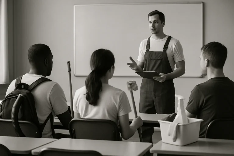 Salle de formation avec étudiants en équipement de nettoyage, tableau blanc visible