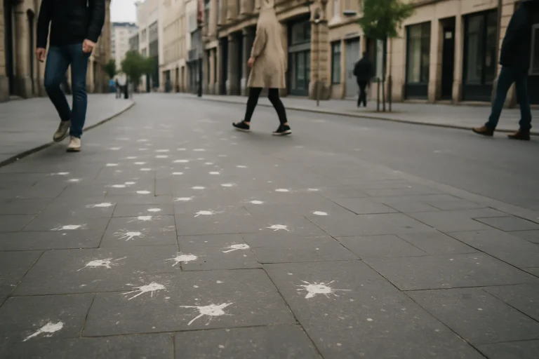Rue urbaine avec des fientes de pigeons et des passants évitant les zones souillées.