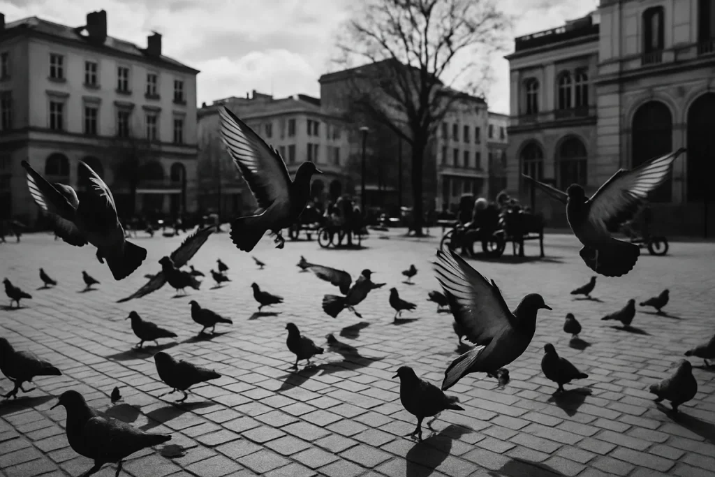 Pigeons en mouvement sur une place urbaine avec des bâtiments en fond