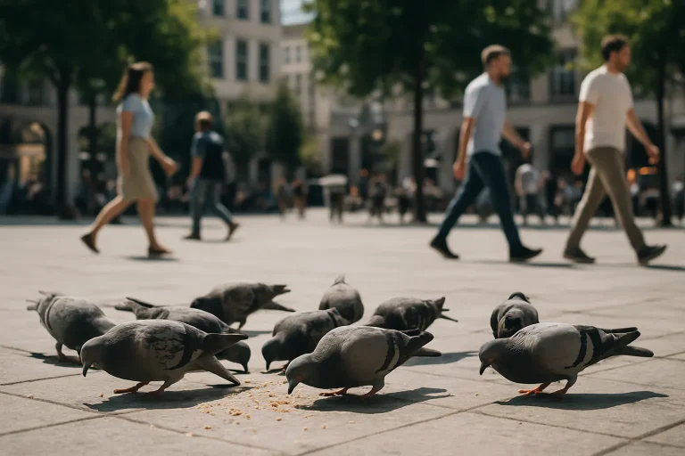 Place urbaine avec pigeons picorant et passants en arrière-plan.