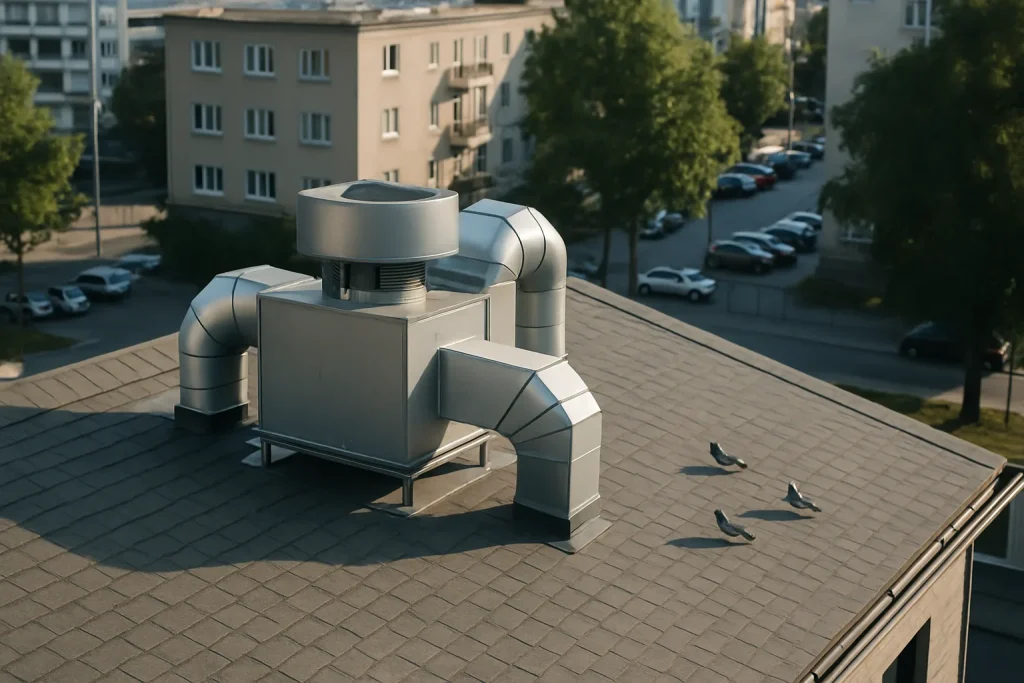 Système de ventilation sur un toit urbain entouré de pigeons, en plein jour