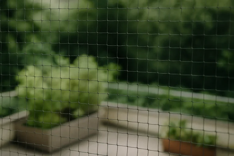 Gros plan sur un filet anti-pigeon tendu au-dessus d'une terrasse, lumière naturelle