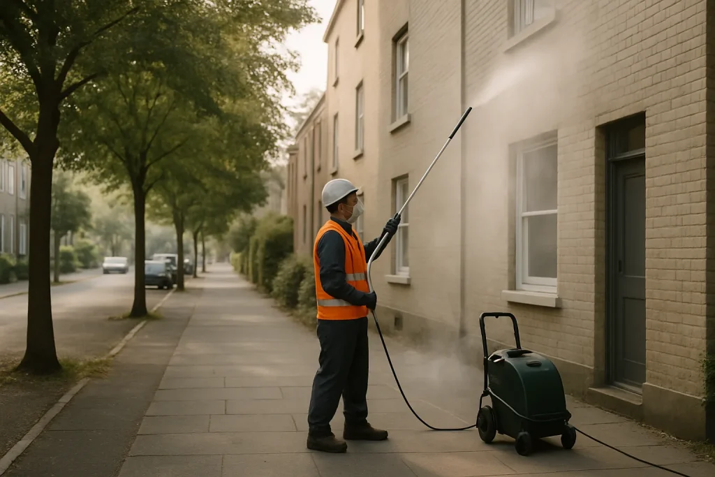 Un technicien en équipement de protection effectue un nettoyage silencieux d'une façade dans une rue résidentielle calme.