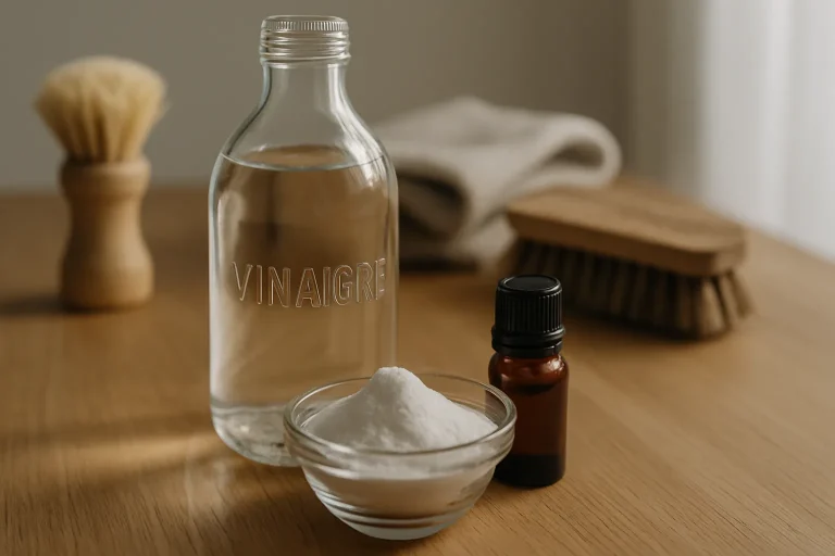 Mélange de vinaigre blanc, bicarbonate de soude et huiles essentielles sur une table.