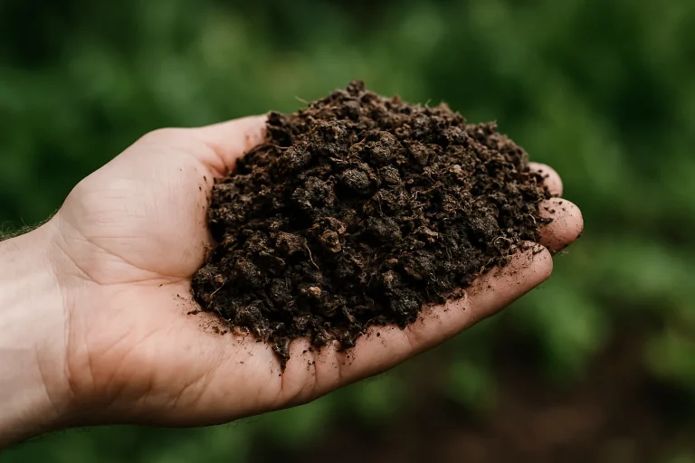Main montrant un échantillon de compost fait de fientes de pigeons avec arrière-plan flou