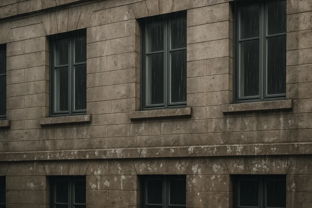Façade d'immeuble en pierre sous la pluie avec fientes de pigeons mouillées