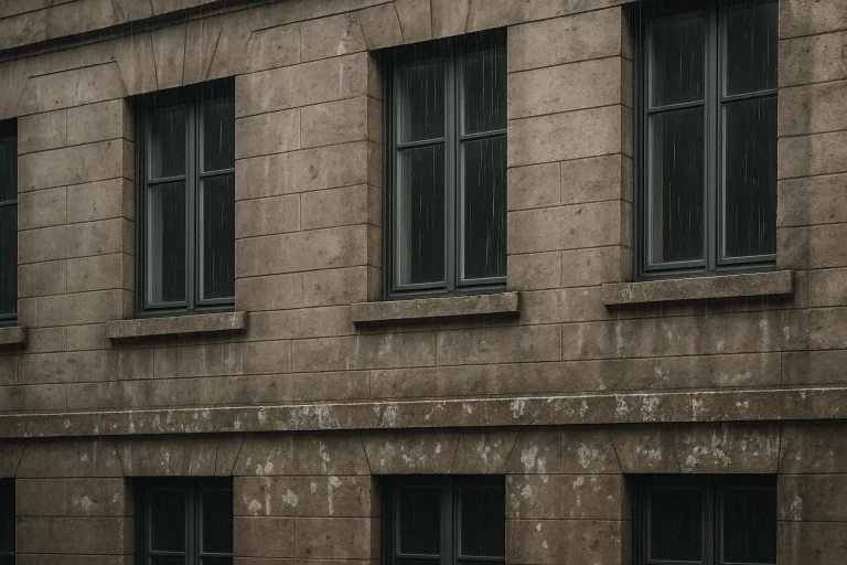 Façade d'immeuble en pierre sous la pluie avec fientes de pigeons mouillées