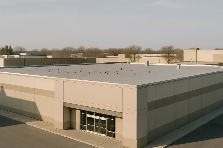 Vue d'une grande surface commerciale avec pigeons sur le toit, éclairage diurne