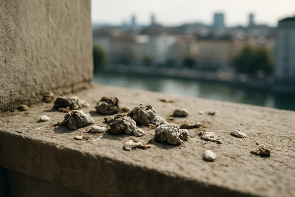 Fientes de pigeons séchées sur un rebord de fenêtre en pierre, vue en gros plan.