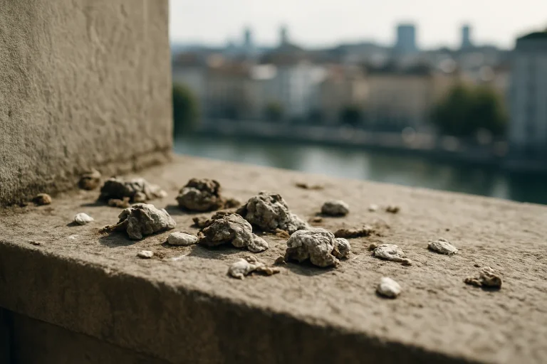 Fientes de pigeons séchées sur un rebord de fenêtre en pierre, vue en gros plan.
