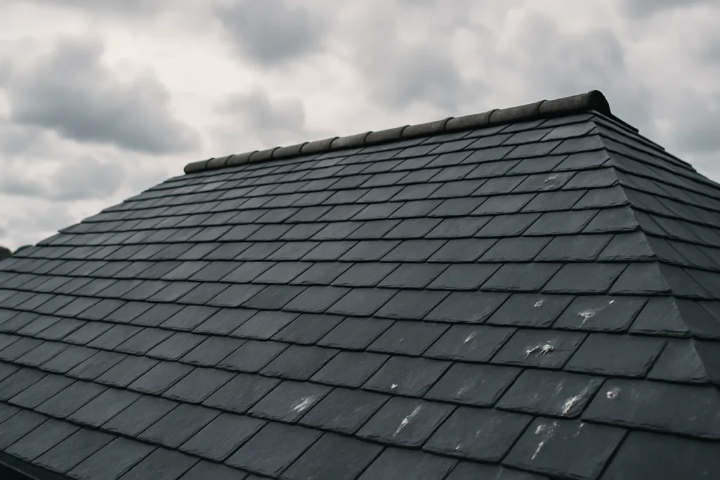 Toiture en ardoise vue de l'extérieur avec des fientes de pigeons visibles, ciel nuageux