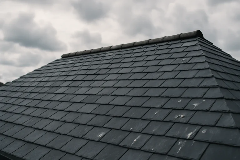Toiture en ardoise vue de l'extérieur avec des fientes de pigeons visibles, ciel nuageux